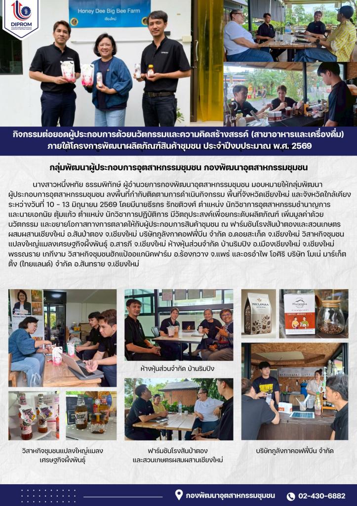 กิจกรรมต่อยอดผู้ประกอบการด้วยนวัตกรรมและความคิดสร้างสรรค์ (สาขาอาหารและเครื่องดื่ม) ภายใต้โครงการพัฒนาผลิตภัณฑ์สินค้าชุมชน ประจำปีงบประมาณ พ.ศ. 2569