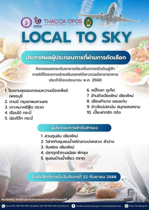 ประกาศผลผู้ประกอบการที่ผ่านการคัดเลือก  ”Local to Sky“ กิจกรรมยกระดับอาหารท้องถิ่นจากครัวดินสู่ฟ้า