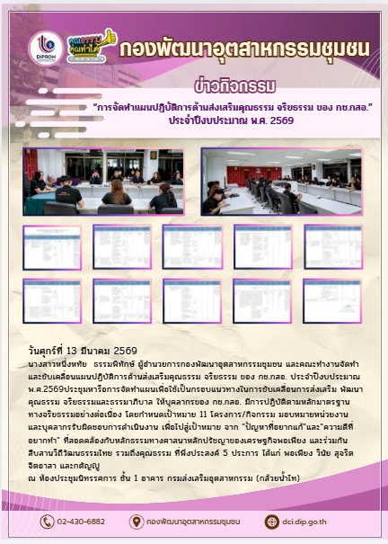 “การจัดทำแผนปฏิบัติการด้านส่งเสริมคุณธรรม จริยธรรม ของ กช.กสอ.” ประจำปีงบประมาณ พ.ศ. 2569